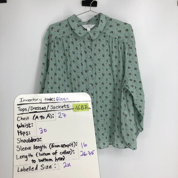 Reitmans Light Sage Green Small Paisley Patterned Button Up Long Sleeve Shirt 2X - Picture 16 of 16